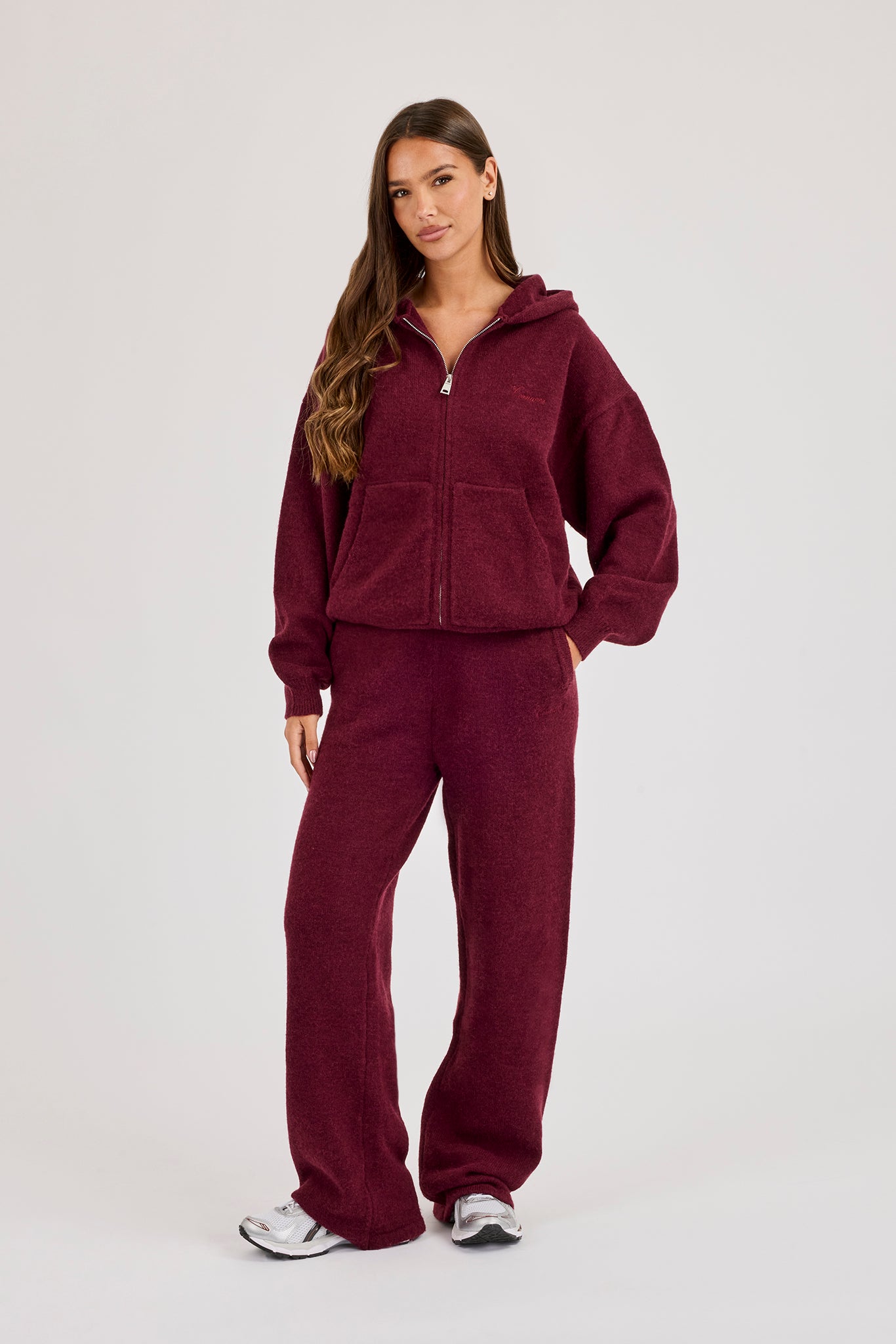 Knitted Stitch Detail Wide Leg Jogger - Burgundy